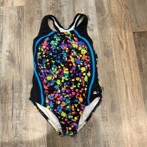 Colorful girls speedo swimsuit speedo logo peeling a little.